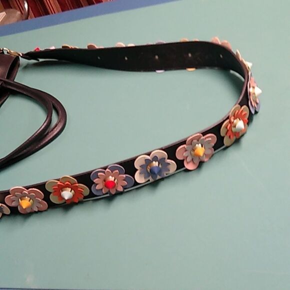 Black Faux Leather Two Crossbody Straps Certified Vegan Bag with Floral Strap - Picture 2 of 10